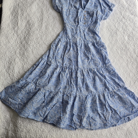 Zara Embroidered Cutout Tiered Eyelet Maxi Shirt Dress XS Light Blue - Picture 5 of 16